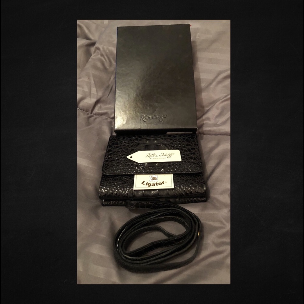 VINTAGE RETTA WOLFF Black LIGATOR Trifold Wallet w/shoulder strap Original Box